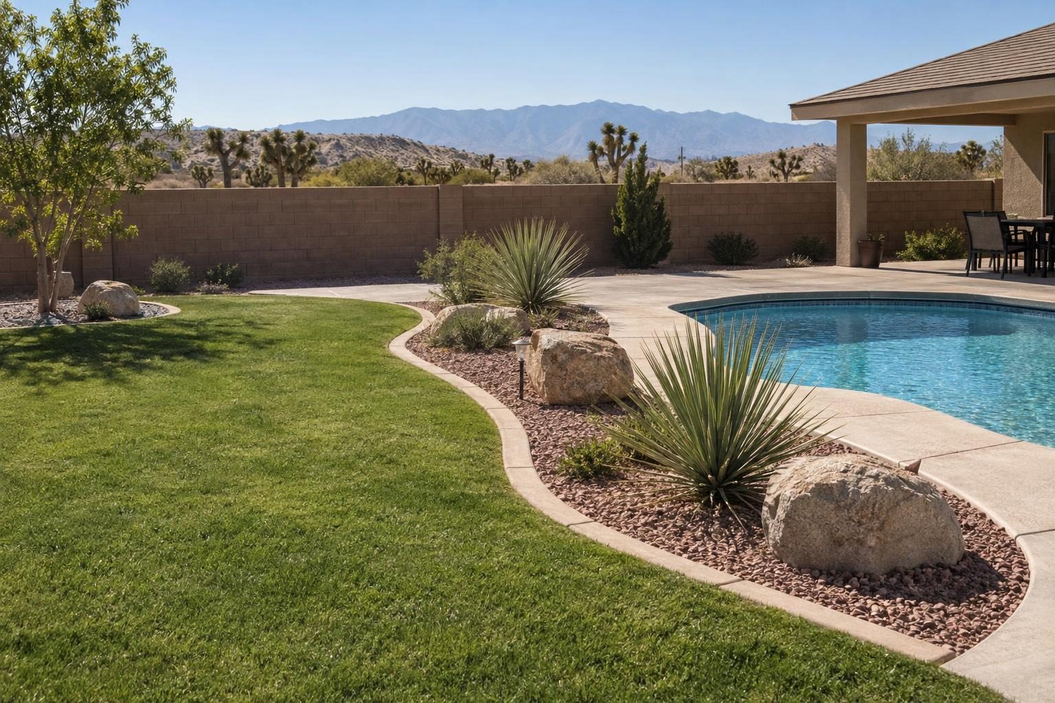 Backyard by a pool with a curbed lawn, red rock beds, boulders and yuccas