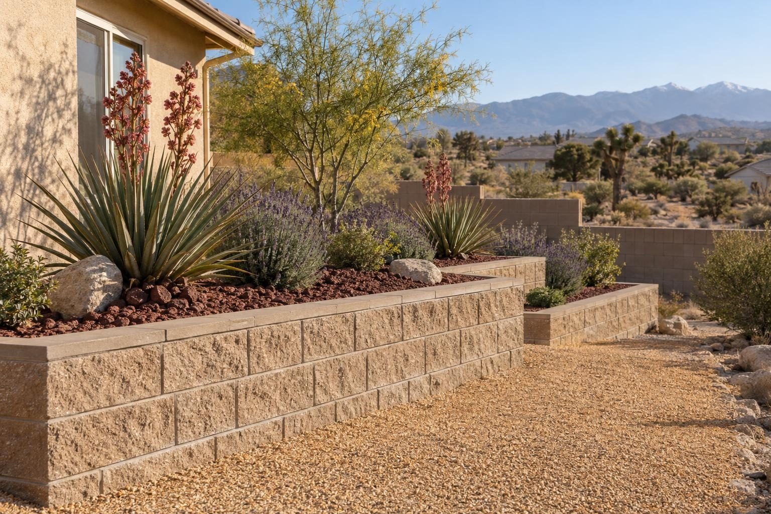 Tiered split-face block planters with red yucca, lavender and lava rock