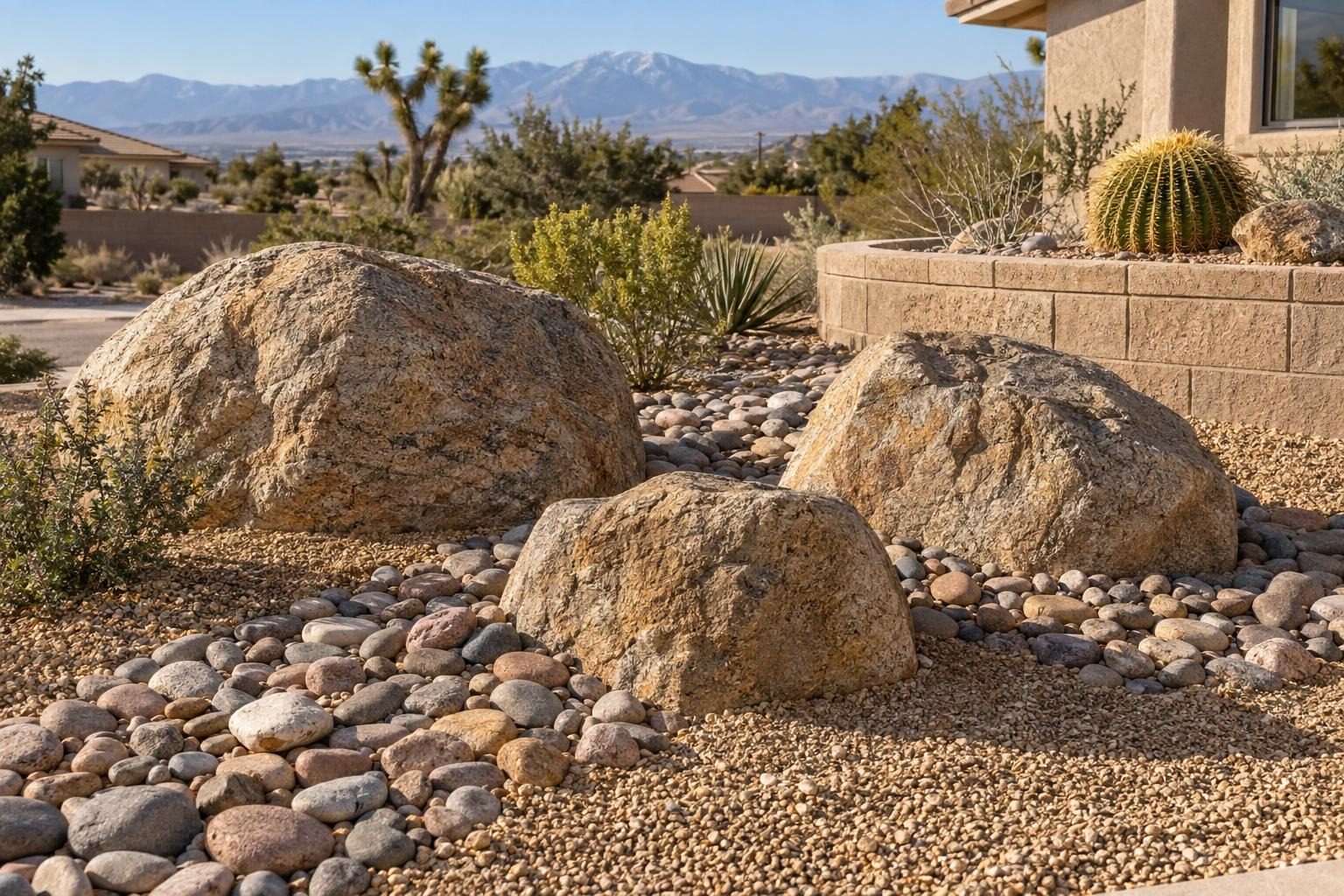 Large granite boulders set in golden gravel with drifts of river cobble