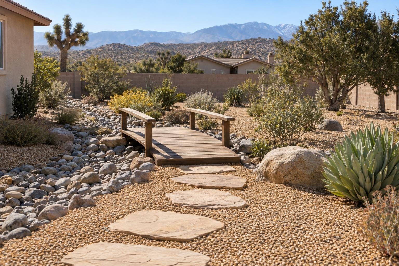 Backyard wooden footbridge over a dry creek, with flagstone stepping stones