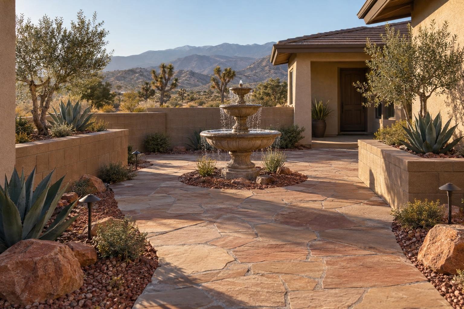 Flagstone entry courtyard with a three-tier fountain and block planters