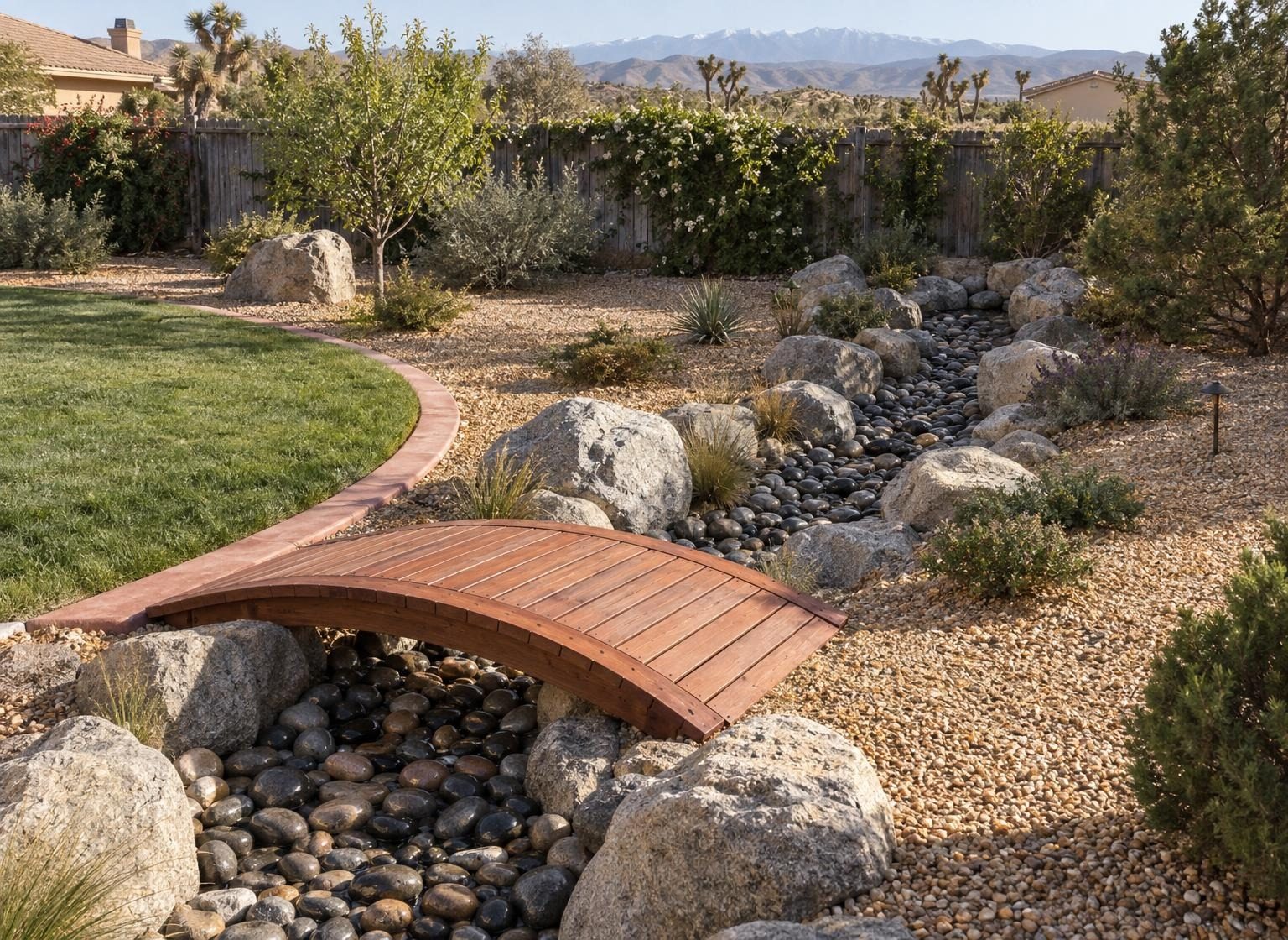 The finished yard: a redwood footbridge over a river cobble dry creek, boulders and a curbed lawn