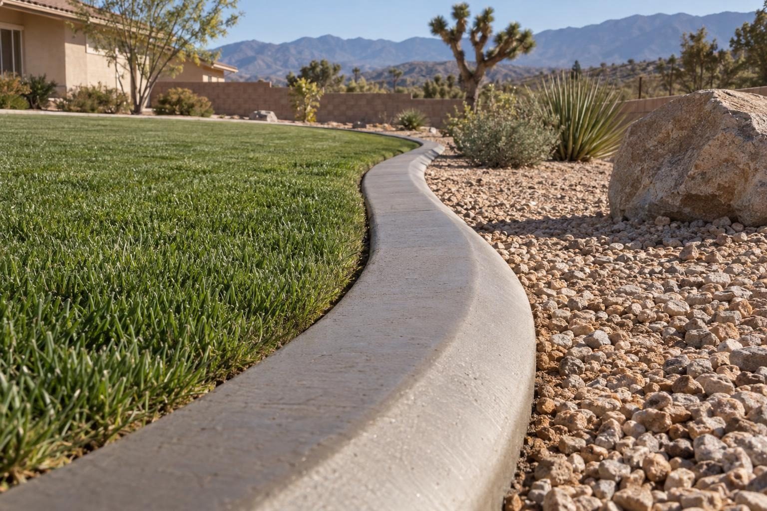 A new concrete landscape curb curving between a lawn and a gravel bed