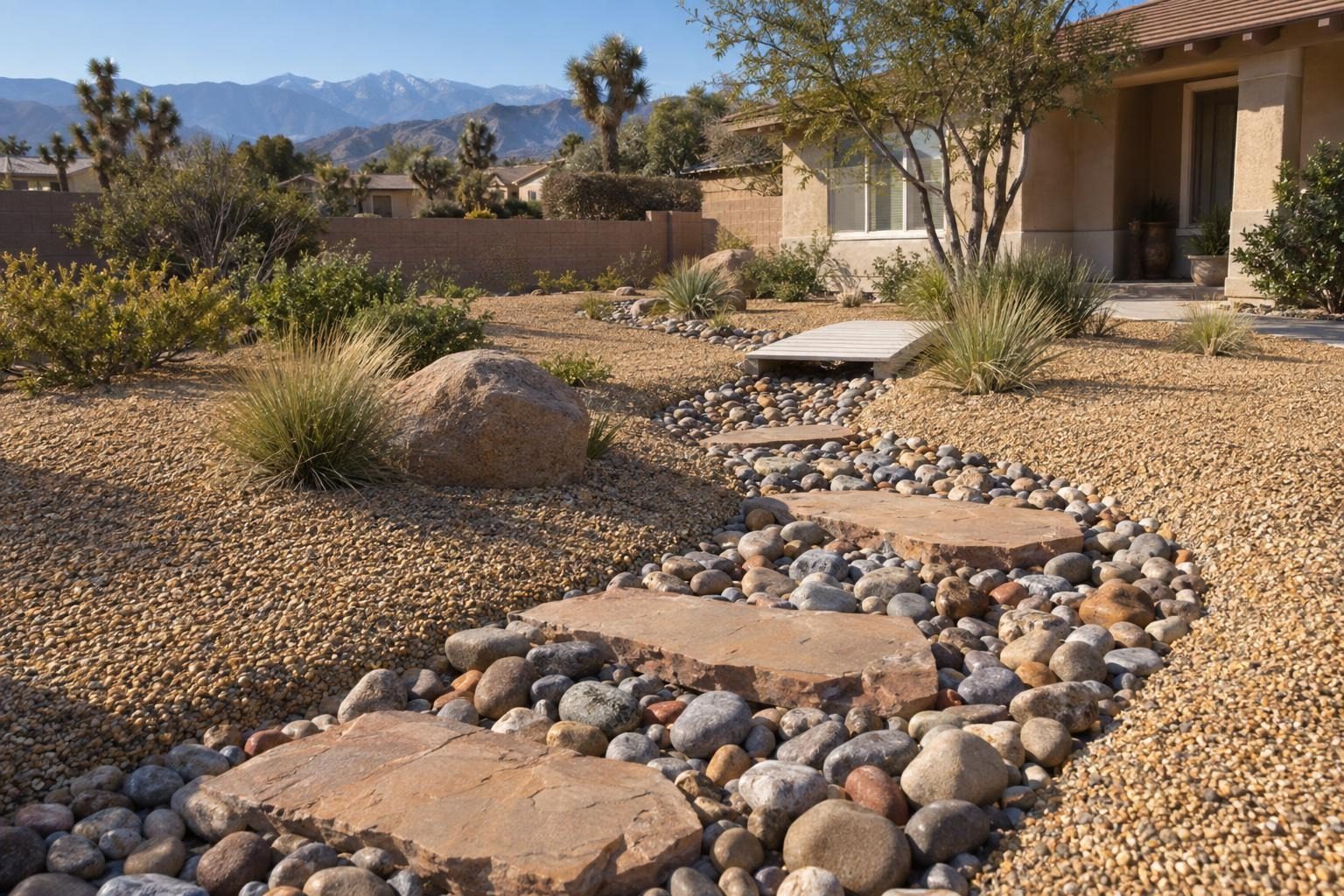 Front yard dry creek bed of river cobbles with flagstone steps and a small white footbridge
