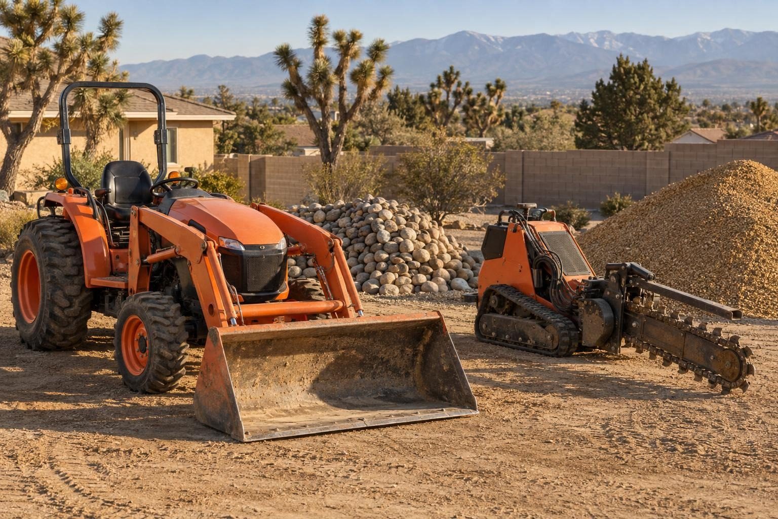 A compact tractor with a loader and a mini-skid with a trencher, parked by piles of cobble and gravel