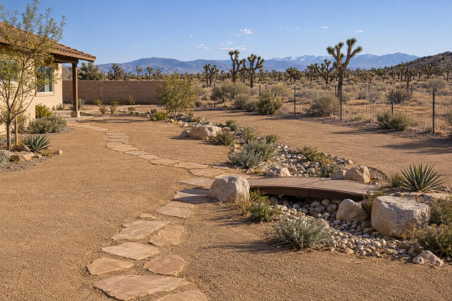 A large graded backyard in decomposed granite with a flagstone path and a small footbridge