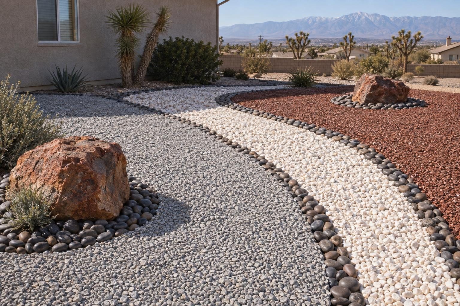 Bands of grey, white and red gravel divided by rings of river cobble, with two red boulders