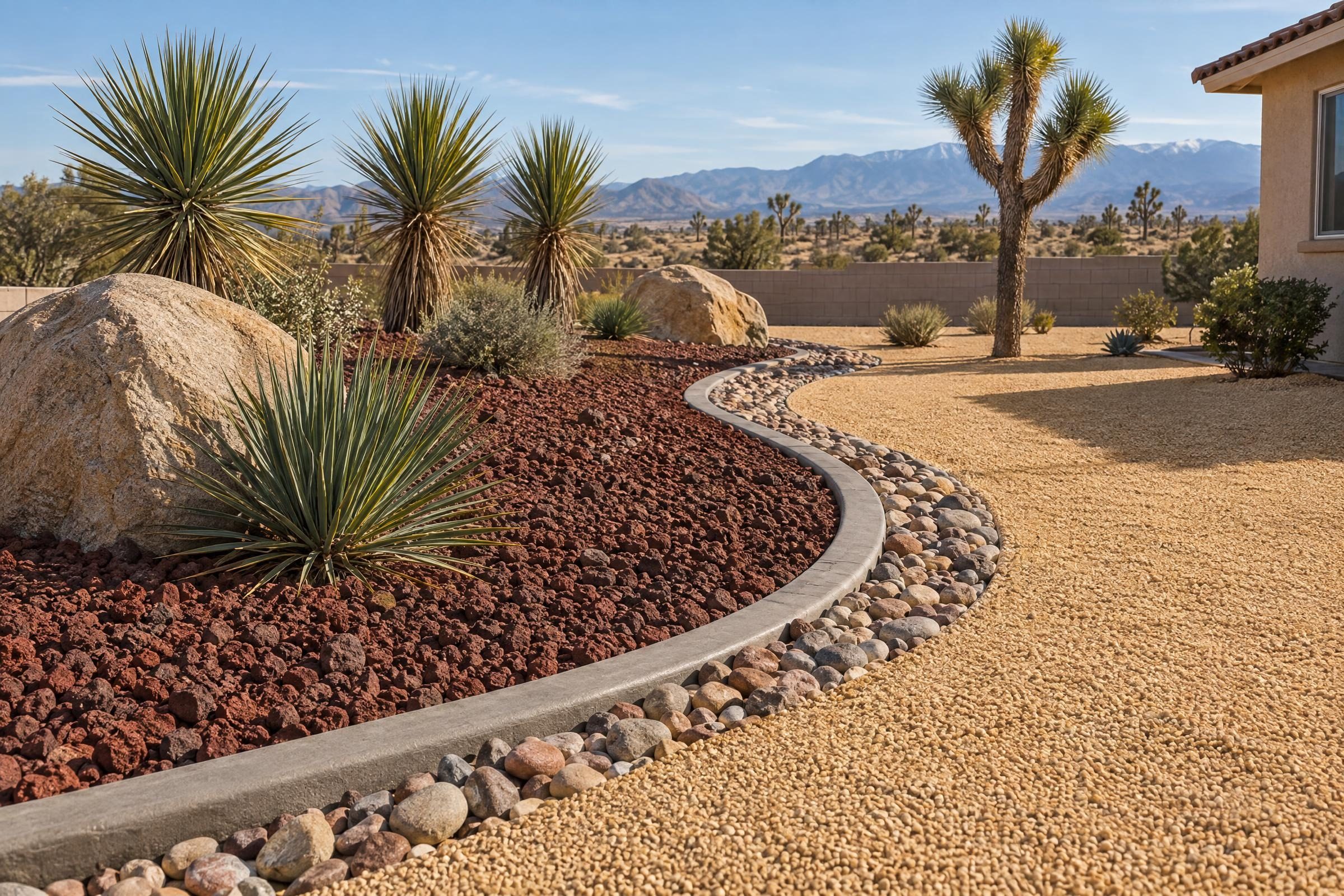 A finished front yard: red lava rock and golden gravel split by a curved concrete curb and a band of river cobbles, with yuccas and a young Joshua tree