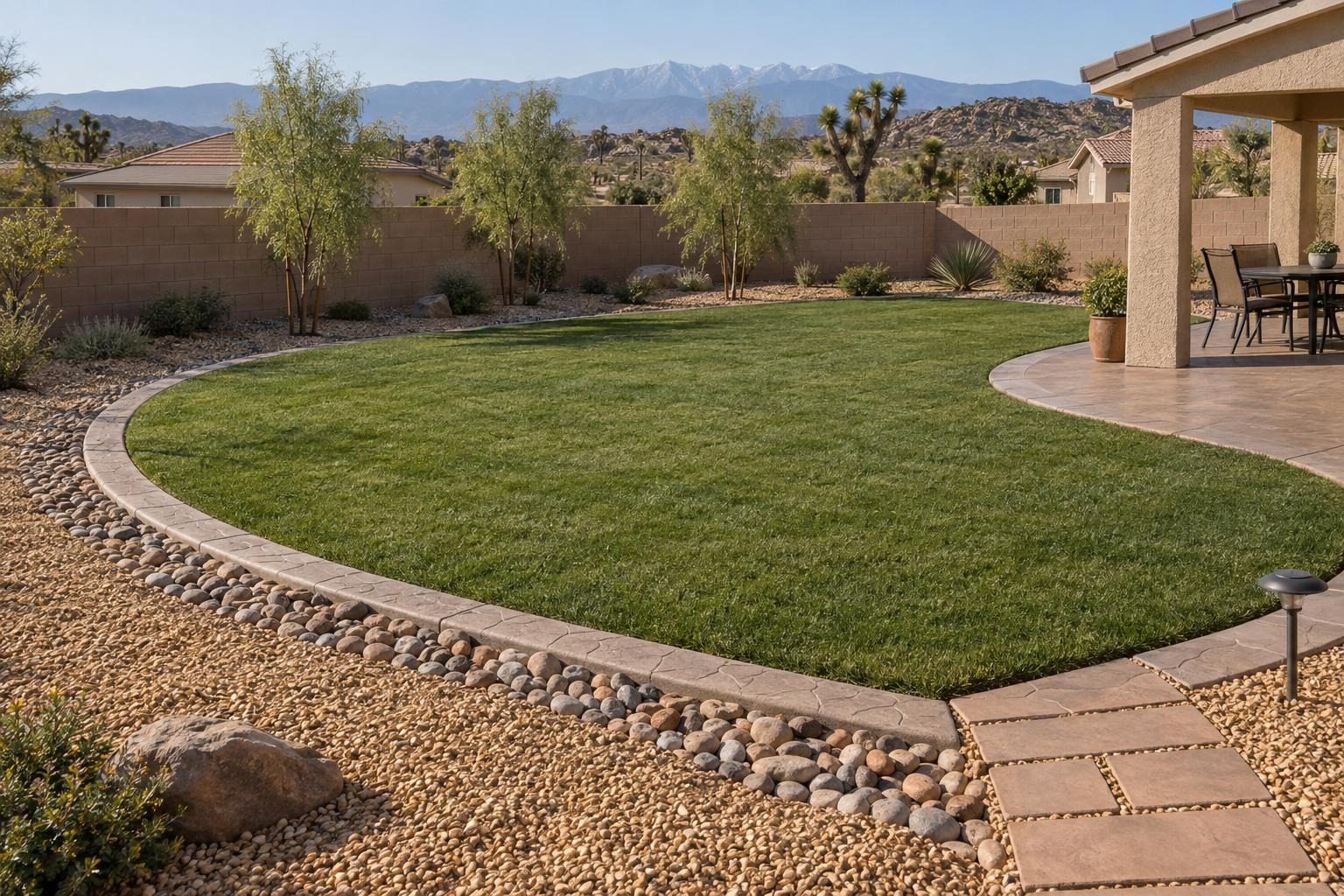 Curved green lawn edged with a concrete mow curb, a cobble border and a paver path