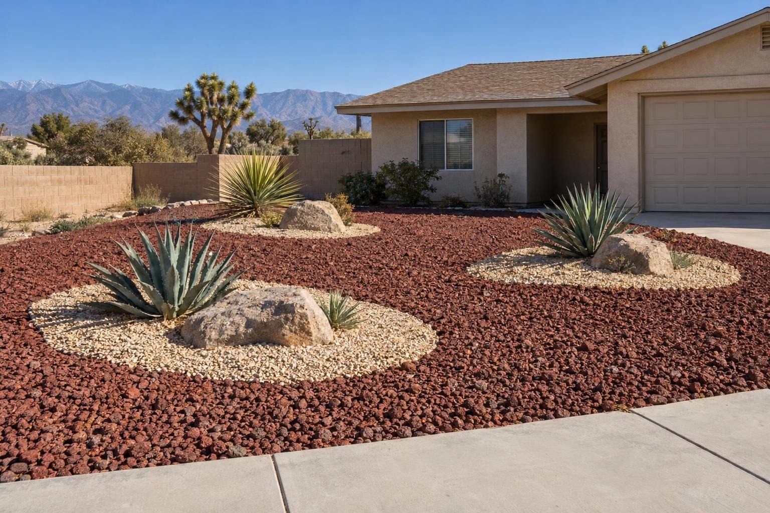 Front yard finished in red lava rock with tan gravel islands, boulders and agaves