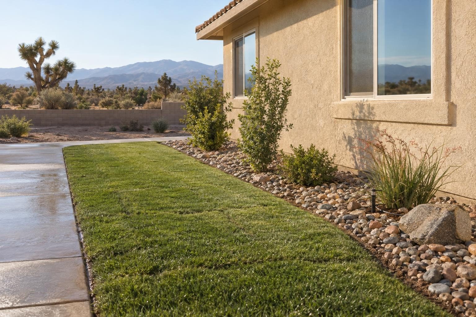 Fresh sod along a stucco house, bordered by river rock